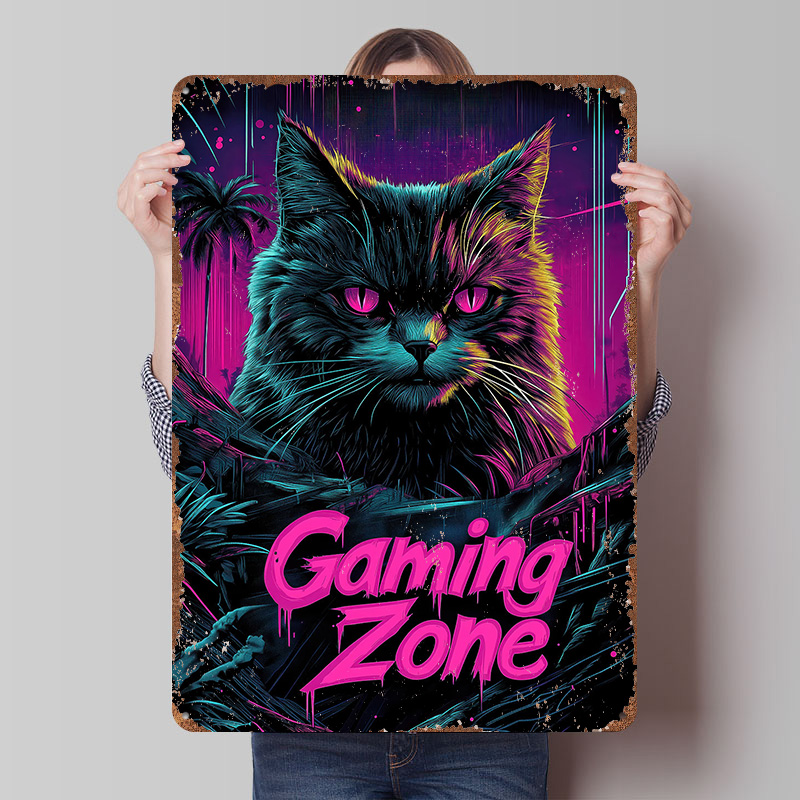 Retro Gaming At Home - Metalowy plakat z kotem graczem, personalizowana