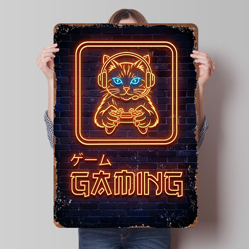 Retro Gaming At Home - Neonowy Plakat z Kotem Graczącym w